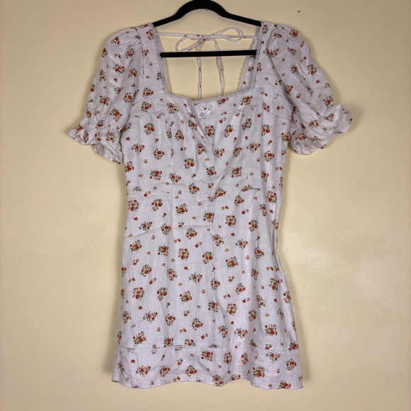 REFORMATION 100%‎ Linen Evianna Dress Size 12 White Orange Floral Mini - Picture 5 of 16